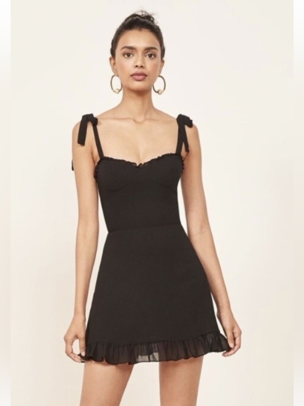 Reformation Black Tie-Shoulder Slip Dress with Lace Trim
